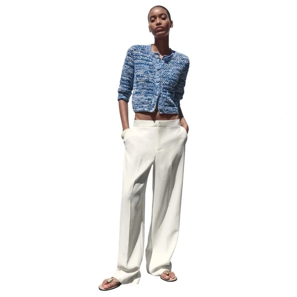 Zara Round neck cardigan below-the-elbow sleeves, front pockets, front buttons